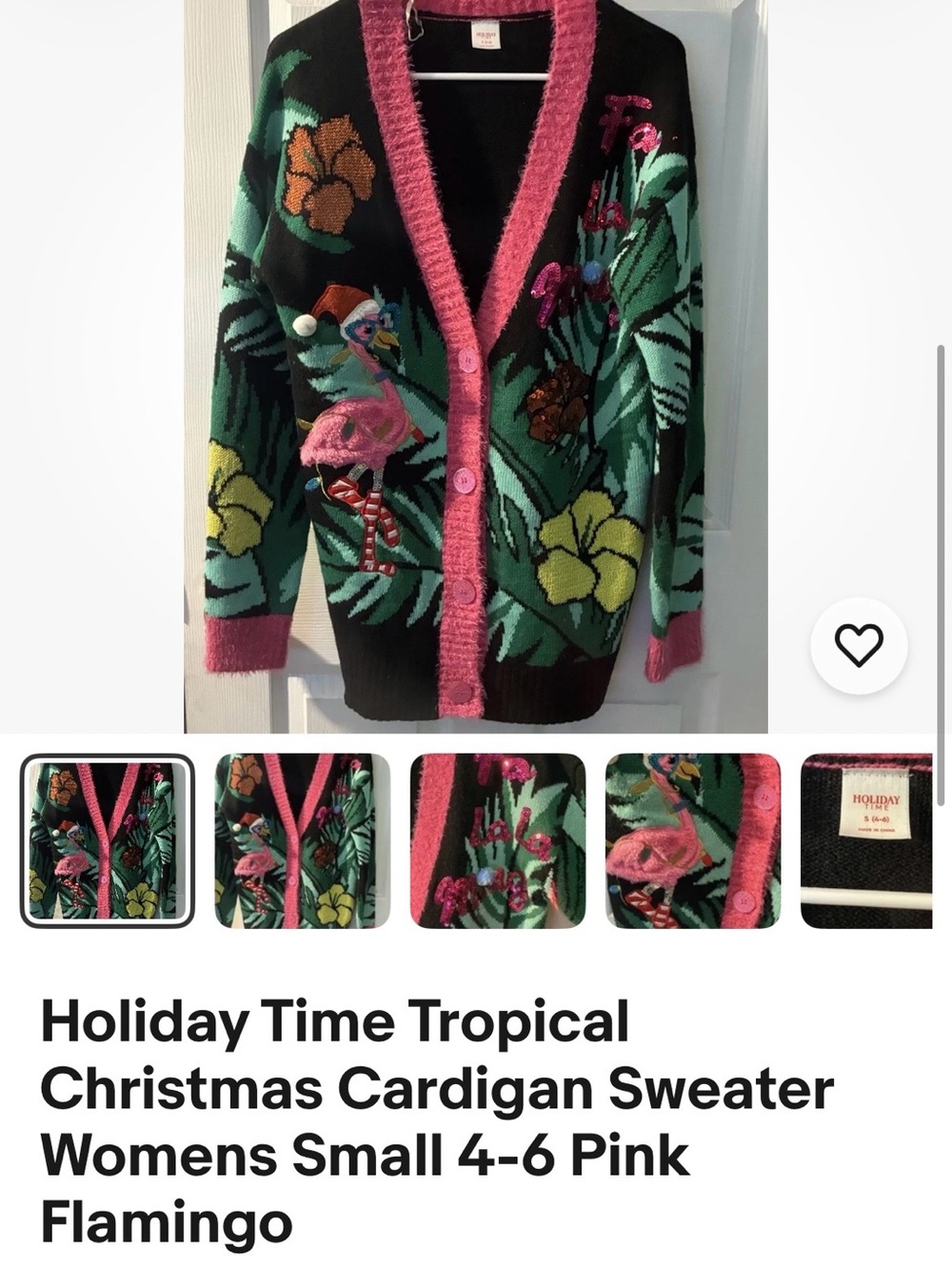 Holiday Time Black Tropical Flamingo Cardigan with Pink Trim